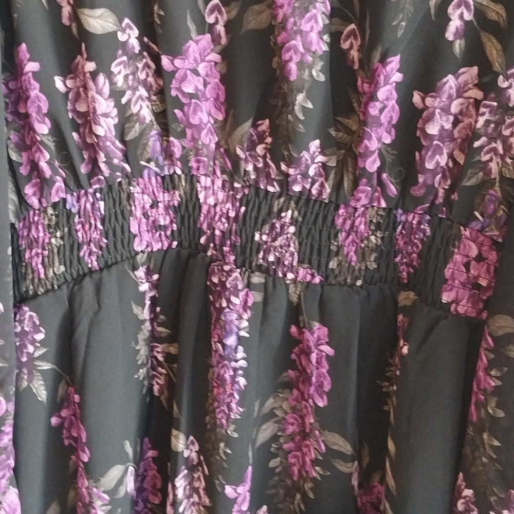 City Chic Black & Purple Floral Print Faux Wrap Balloon Sleeve Midi Dress NWT - Picture 7 of 9